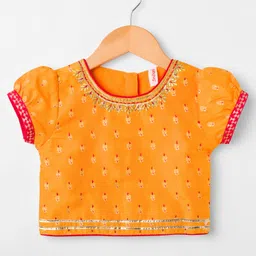 Babyhug Brocade Woven Half Puffed Sleeves Choli Lehenga Set with Dupatta & Motif Embroidery - Red & Yellow image 2