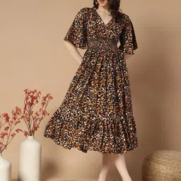 Krunal Raiyani Women Animal Printed Flared Sleeve Smocked Detail Fit & Flare Midi Dress-image-83