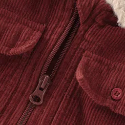 Babyhug 100% Cotton Full Sleeves Fur Collar Solid Corduroy Shirt with Front Zipper - Red image 4