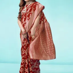 Satrani Red Woven Saree With Unstitched Blouse image 4