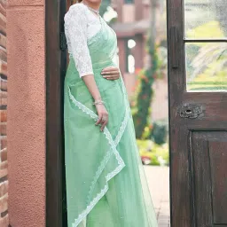 Satrani Pista Green Embellished Saree With Unstitched Blouse image 4