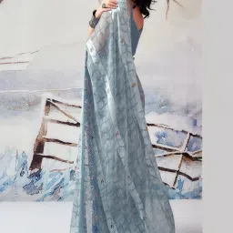 Satrani Grey Printed Saree With Unstitched Blouse image 4