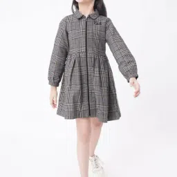 Ed-a-Mamma Kids Grey Cotton Chequered Full Sleeves Dress-image-25