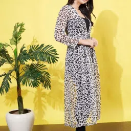 Anvi Be Yourself Women'S White Animal Printed Gathered Longline Semi Sheer Tie-Up Chiffon Shrug image 4