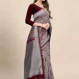 Anjaneya Sarees Grey & Maroon Silk Woven Saree With Unstitched Blouse image 4