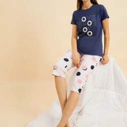 Sweet Dreams Navy & White Cotton Printed T-Shirt Capris Set image 4