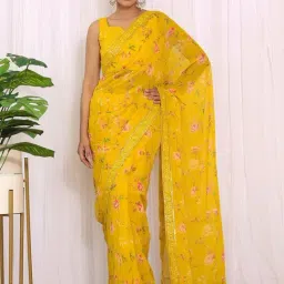 Label Kanupriya Yellow Floral Printed Georgette Saree-image-11