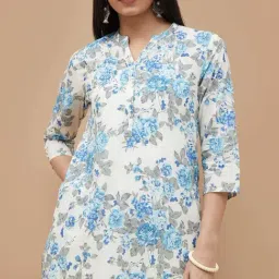 Melange By Lifestyle Blue Cotton Regular Fit Floral Print Kurta image 5
