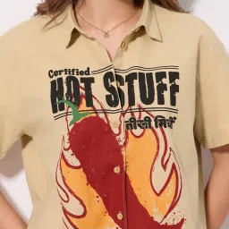 The Souled Store Beige Cotton Loose Fit Printed Shirt image 4