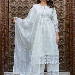 Juniper Ethnic Motifs Printed Notch Neck A Line Pure Cotton Kurta With Trousers & Dupatta-picture-15