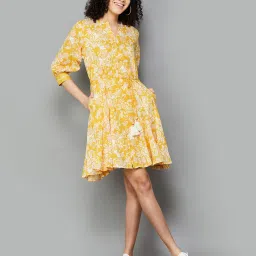 Colour Me by Melange Mustard & White Cotton Floral Print Shirt Dress image 4