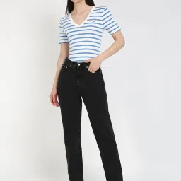 TOMMY HILFIGER Ecru & Blue Horizontal Stripes Slim Fit Cotton T-Shirt image 4