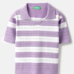 United Colors of Benetton Girls Lilac Cotton Striped Polo T-Shirt-image-18