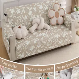 HOKIPO Brown & White Floral Printed Waterproof 3 Seater Sofa Cover With Arms image 4