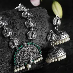Panash Silver Toned Green Stone Studded Peacock Shaped Oxidized Jewellery Set-picture-47