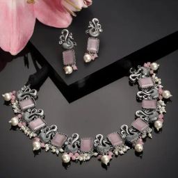 Panash Oxidized Silver Toned Pink Stone Studded Peacock Shaped Pearl Choker & Earrings Set-picture-13
