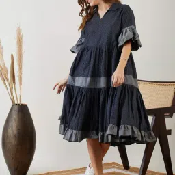 The Kaftan Company Navy Cotton Self Pattern A-Line Dress-picture-12