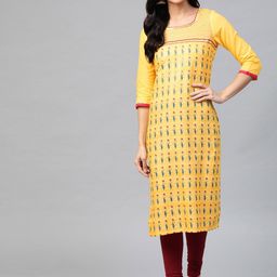 AURELIA Women Yellow & Blue Ethnic Floral Print Straight Kurta-picture-36