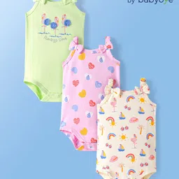 Babyoye Cotton Knit Singlet Sleeves Onesies with Beach Theme Print & Bow Applique Pack of 3 - Pink Cream & Light Green-picture-18