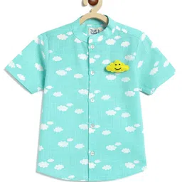 Tiber Taber Half Sleeves Clouds Printed Shirt With Detachable Brooch - Blue-picture-13