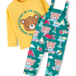 Babyhug Single Jersey Knit Full Sleeves Bear Printed T-Shirt & Dungaree Set - Yellow & Green-image-2