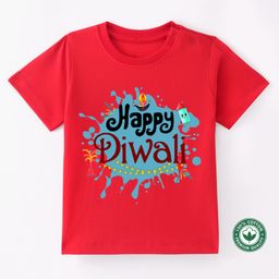BLUSHES Diwali Theme 100% Cotton Half Sleeves Happy Diwali Text Printed Tee - Red-picture-16