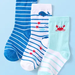Cute Walk By Babyhug Cotton Knit Anti-Bacterial Ankle Length Socks With Stripe & Ocean Design Pack of 3 - Blue & White-picture-24