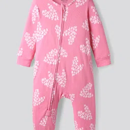 Bonfino 100% Cotton Knit Rib Fabric Full Sleeves Front Open Romper with Butterfly & Floral Print - Pink-picture-23