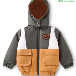 Babyoye Woven Full Sleeves Hooded Padded Jacket With Bear Patch & Pockets - Grey & Yellow-picture-13