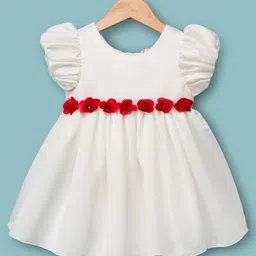 Babyhug Woven Half Cap Sleeves Dress with Floral Detailing - White & Red-picture-28