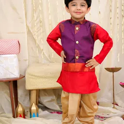 KID1 Silk Woven Full Sleeves Kurta Dhoti With Floral Foil Printed Jacket Set - Purple & Red-picture-23