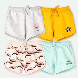 Ariel Cotton Knit Pack Of 4 Whales & Typography Printed Shorts - Grey Yellow Peach & Sky Blue-picture-7