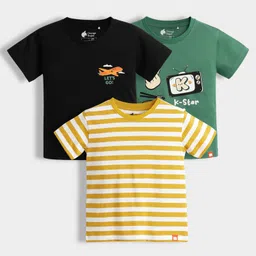 Orange Sugar 100% Cotton Knit Pack Of 3 Half Sleeves Travel Printed & Yellow Striped Tees - Multi Colour-picture-10