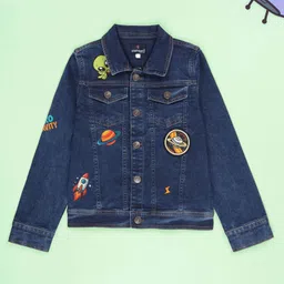 Kiddopanti Denim Woven Full Sleeves Space Themed Patch Detailed Jacket - Blue-picture-17