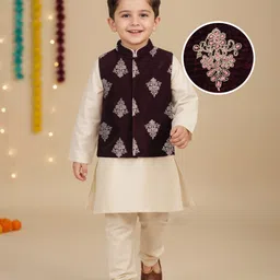 Babyhug Cotton Blend Woven Full Sleeves Kurta Pyjama Set With Floral Embroidered Velvet Nehru Jacket - Beige-picture-26