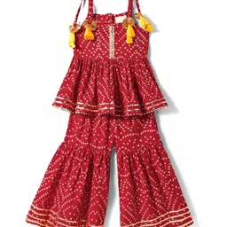 Saka Designs Cotton Woven Sleeveless Kurti & Gharara with Bandani Print & Lace Detailing - Red-picture-18