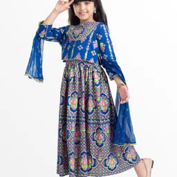 EARTHY TOUCH Single Jersey Knit Full Sleeves Choli Lehenga Set with Dupatta & Floral Print - Blue image 2