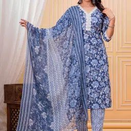 Damseldrape Women Floral Printed Regular Pure Cotton Kurta with Trousers & With Dupatta image 4