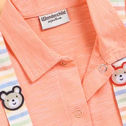 Wonderchild Half Sleeve Bear Face Patch Detailed & Striped Romper - Deep Peach image 3