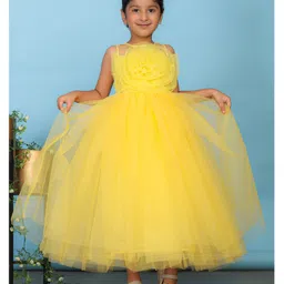 Toy Balloon Kids Net Woven Sleeveless Floral Applique Detailed & Foil Dots Printed Gown - Yellow image 4