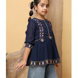 ISHTI Woven Three Fourth Sleeves Floral Embroidered Top - Navy Blue image 4