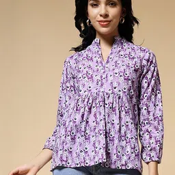 Istyle Can Women Floral Printed Mandarin Collar Cotton Top-picture-25