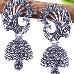 MEENAZ Set of 5 Silver-Plated Oxidised Peacock Shaped Jhumkas-image-84