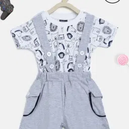 lil tomatoes Li'l Tomatoes Kids White & Grey Printed T-Shirt with Dungaree-picture-26