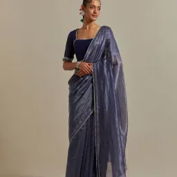 Vinusto Blue Chanderi Striped Saree and Blouse with Pearl Lace Details-picture-14