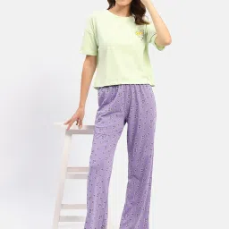 MADAME M Secret Green & Purple Cotton Graphic Print T-Shirt With Pyjamas image 4