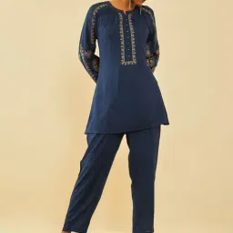 Soch Navy Blue Rayon Slub Embroidered Co-Ord Set With Lace Attached-image-45
