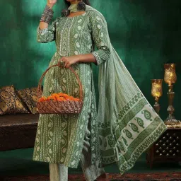 Libas Green Cotton Printed Kurta Pant Set With Dupatta image 4