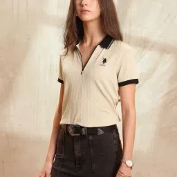 U.S. Polo Assn. Beige Regular Fit Self Pattern Polo T-Shirt image 3