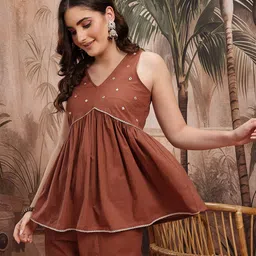 Sangria Women Embroidered Pleated Mirror Work Pure Cotton Kurti with Dhoti Pants-image-74